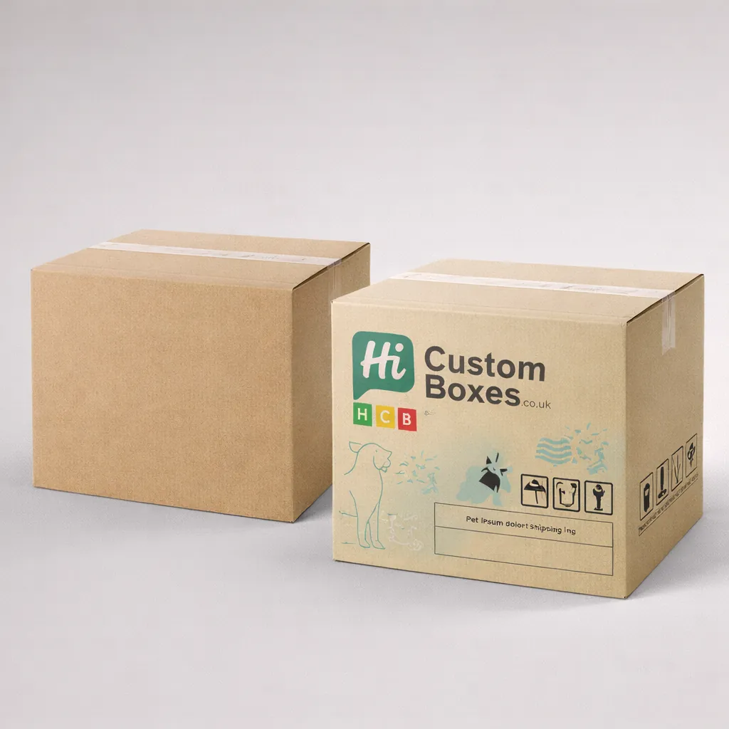 Two heavy-duty brown corrugated shipping cartons, with one displaying custom logos and pet industry symbols. class=